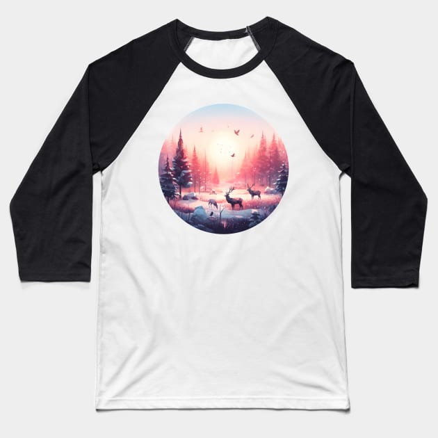 Low Poly Winter Forest in Pink Baseball T-Shirt by Antipodal point